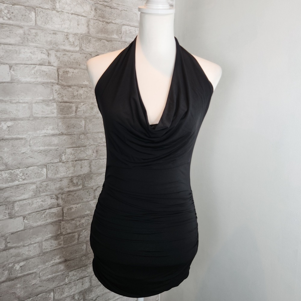 BCBG Max Azria Bodycon Dress Ruched Cowl Neck Y2K Moto Chic XS - Picture 3 of 5